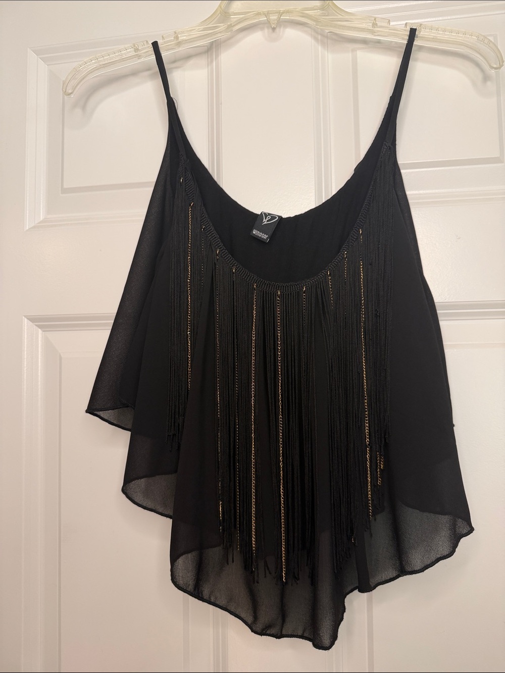 Beautiful Windsor Y2K Black Fringe Crop Camisole with Gold Accents